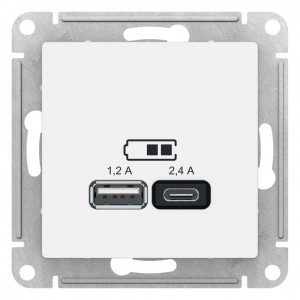 ATLASDESIGN Розетка USB A+С, 5В/2,4 А, 2х5В/1,2 А, механизм, Белый ATN000139