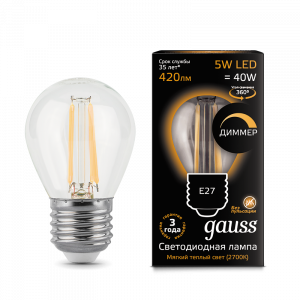 Лампа Gauss LED Filament Шар dimmable E27 5W 420lm 2700K 105802105-D