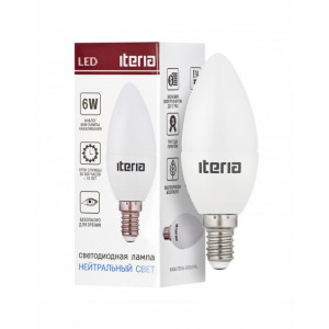 ITERIA Светодиодная лампа свеча 6W E14 4100K матовая пластм радиатор 802006