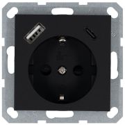 Розетка Shuko 16А с заземл. защ. шторки с 2-мя заряд. устройствами USB тип A+C 25Вт механизм черн. матов. soft touch Jasmart G5501USB-25PB