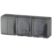 ЭРА Эксперт Блок две розетки+выключатель двухклавишный ОУ IP54 16АХ-250В серый 11-7404-03