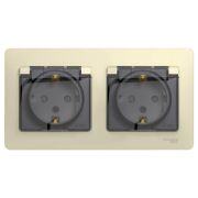 SE Glossa Беж Розетка 2-я с заземлением со шторками IP44 (в сборе с рамкой) GSL000247