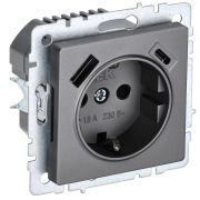 IEK BRITE BASE Сталь Розетка с з/к/ш 16А с USB A+C 18Вт РЮш11-1-БрС.