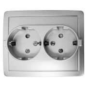 Simon 15 Алюминий Розетка двойная с заземлением 2*2Р+Е, с защитными шторками,винт.зажим,16А, 250В