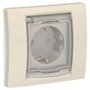 Schneider Electric Unica New Беж Розетка с/з со шторками, с крышкой, IP44 в сборе с рамкой